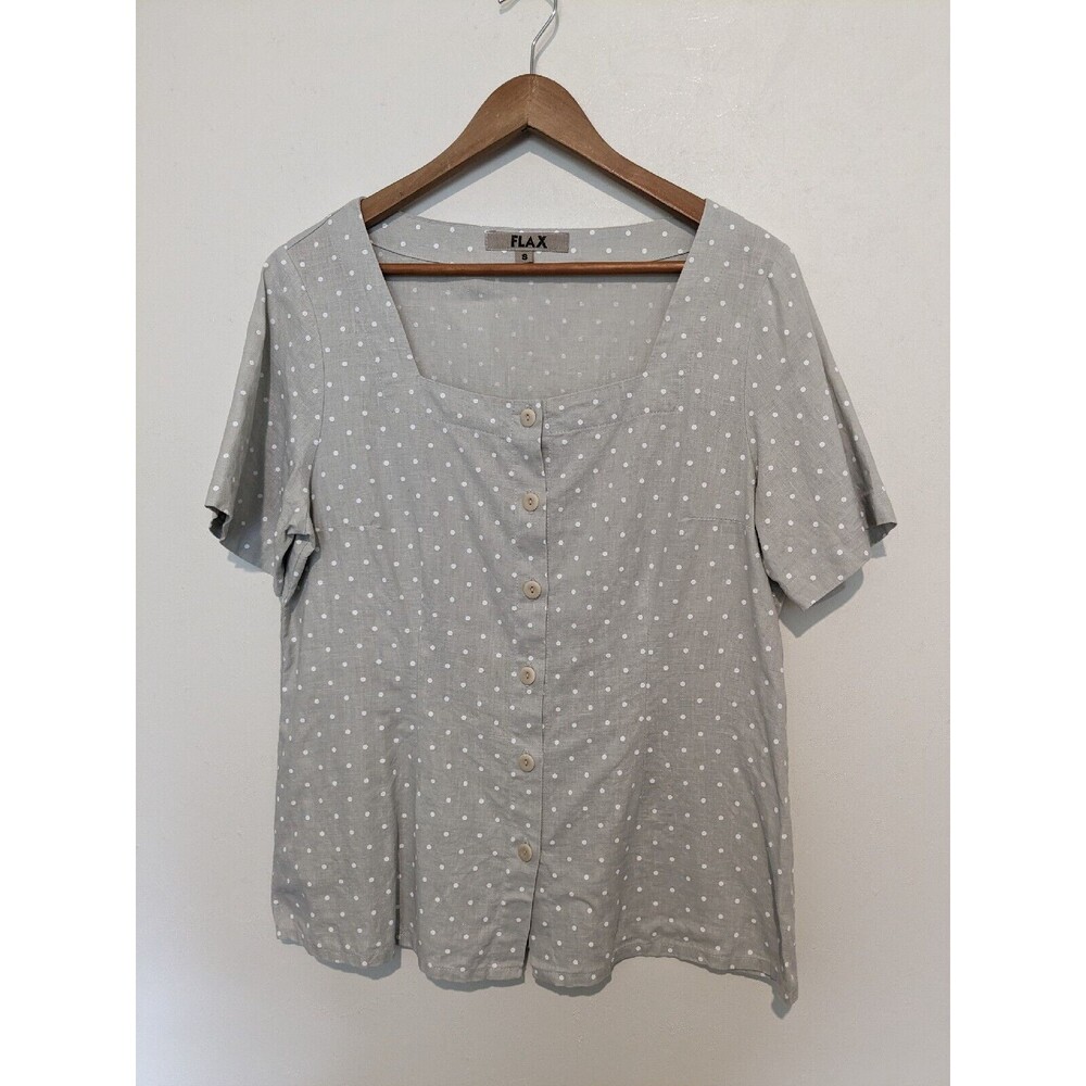 FLAX Linen Button Up Polka Dot Gray Blouse Shirt Square Neckline S